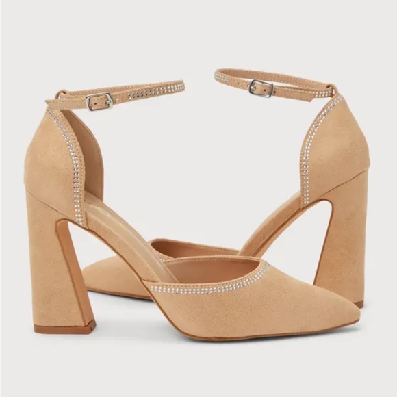 Light Nude Suede Rhinestone Pointed-Toe Pumps - Picture 3 of 3